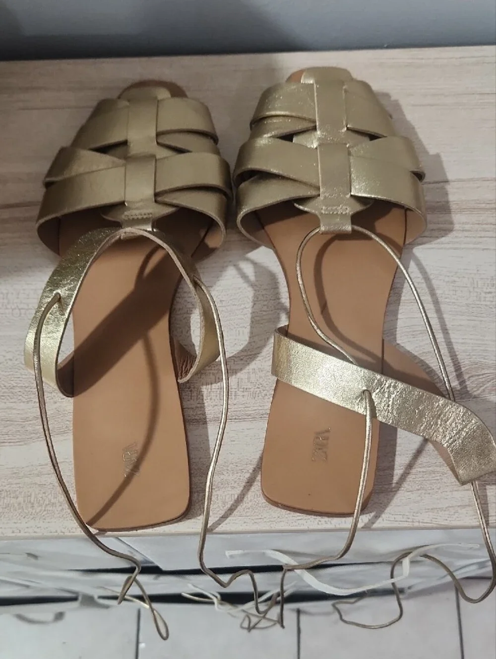 Zara Metallic Gold Woven Lace-Up Flat Sandals - Picture 3 of 4